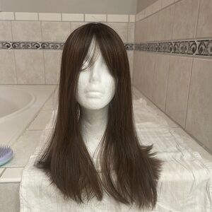 Lace front synthetic hair topper with bang dark brown